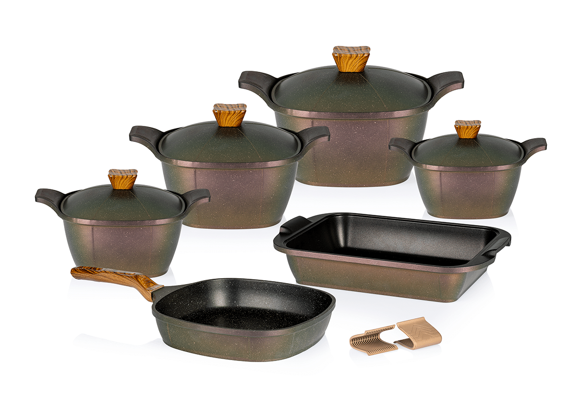 KAZAN-10-PCS-casserole-&-pan-Ocean-gree (1) حلة جرانيت 10 ق مربع موديل كورى حلة 28 سم + طاجن + مقلاية - الصورة 1