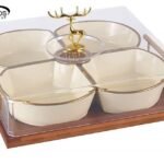 طقم تسالي بورسلين ٤ قطع مع حامل خشب وغطاء أكريلك – الأندلس