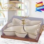 طقم تسالي بورسلين ٤ قطع مع حامل خشب وغطاء أكريلك