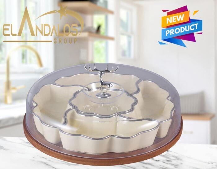 ⁦طقم تسالي بورسلين ٦ قطع مع حامل وغطاء أكريلك⁩ - الصورة ⁦1⁩